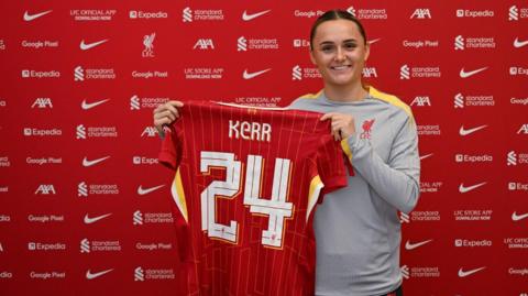 Sam Kerr holds up a Liverpool shirt 