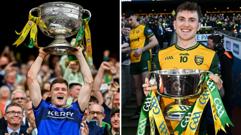 Kerry captain Gavin White lifts the Sam Maguire Cup in 2025 and Donegal's joint-captain Shane O'Donnell with the Division One league trophy for 2026