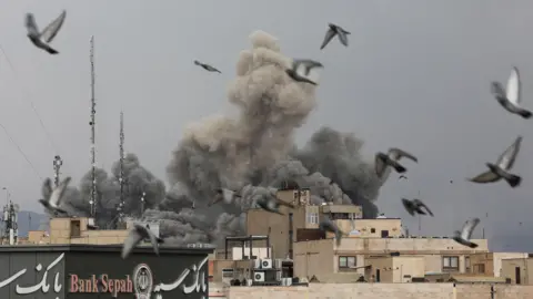 Birds fly in the foreground with an explosion visible in the distance close to houses