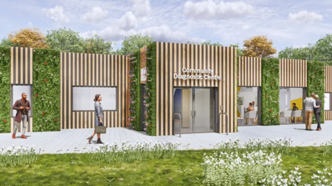 An artist's impression of the centre, which has a wood-panelled exterior and greenery in between the panels.