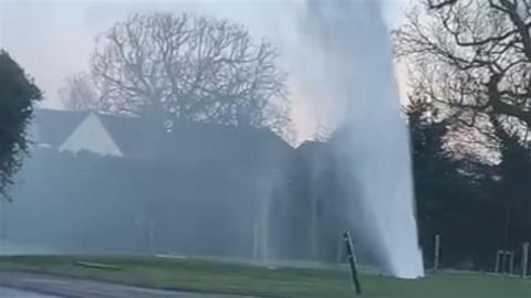A large amount of water sprays out of the ground on a patch of grass in Gloucester. The piece of land is bordered by hedges which houses can be seen behind, along with trees. 
