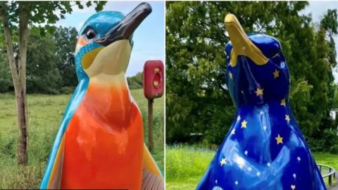 A composite image of two penguin sculptures. One has an orange chest and blue back, the other is a deep blue colour and covered in gold stars