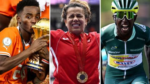 A triptych showing Ivory Coast winger Simon Adingra kissing the Africa Cup of Nations trophy, Raoua Tlili crying in a red Tunisia tracksuit as she wears a gold medal at the Paralympics and Biniam Girmay, wearing a green cycling kit and helmet, screaming in celebration 