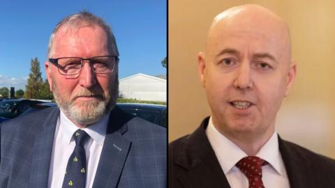 A composite image of Jon Burrows and Doug Beattie. Doug is on the left, and is an older man with short grey hair, rectangular glasses and grey facial hair. On the right is Jon Burrows, who is a bald, middle aged man and he is wearing a black suit jacket, a white shirt and a red patterned tie.