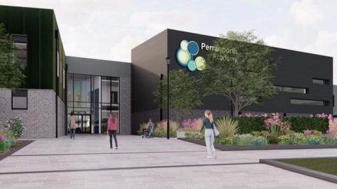 An artist's impression of the front of the school. There are two buildings joined by an atrium and there is a sign reading Perranporth Academy on the right hand one. Three students are walking towards the building and there are planted beds and trees. 