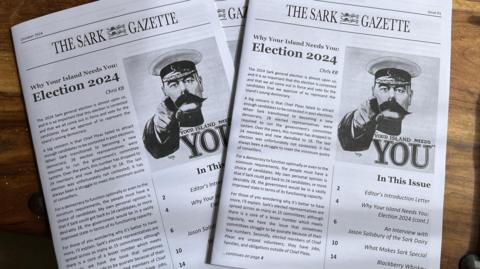 Three A4 sheets with a poster saying your island needs you and a title The Sark Gazette. 