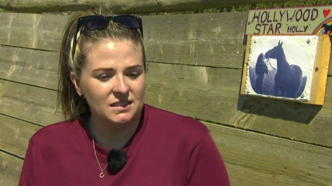 A woman with light brown hair. The woman is white, she is wearing a red shirt and has sunglasses on her head. She is visibly sad. She is sat in front of a wooden background. To the right of her is a black and white picture of her kissing a horse. Above the photo is a plaque which reads Hollywood Star Holly