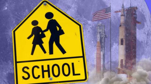 A US school sign in front of an image of the Moon and the Artemis SLS rocket and the Apollo Saturn V.