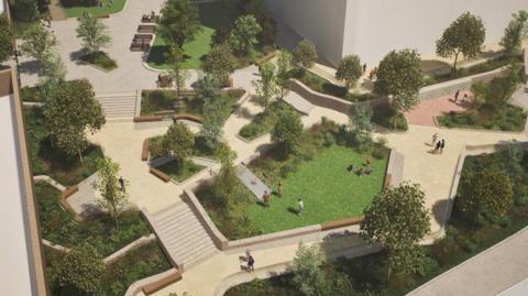 A computer generated image shows patches of grass and shrubs, with pathways and steps and people pictured walking around the oasis.