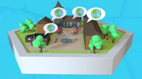 Graphic of a community with trees, eco-friendly buildings and globe icons.