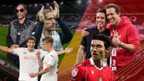 Swansea co-owners Snoop Dogg and Luka Modric, Wrexham owners Ryan Reynolds and Rob Mac, Swansea players Goncalo Franco and Ethan Galbraith and Wrexham striker Kieffer Moore on an image of the Swansea.com Stadium 