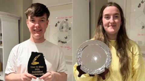 Robin a Non Humphreys yn dal tlysau