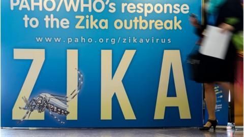 A banner on Zika virus outbreak is pictured on the opening of the World Health Assembly.