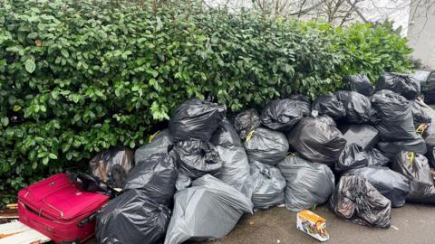 A pile of binbags, grey and black, lie against a hedge with other rubbish around them.