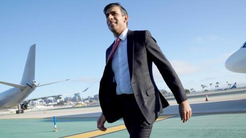 Rishi Sunak disembarks his plane as he arrives in San Diego, US for meetings with US President Joe Biden and Prime Minister of Australia Anthony Albanese