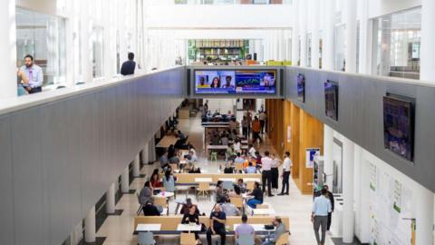 A general view of the central atrium of the JPMorgan Chase offices in Bournemouth in August 2022.