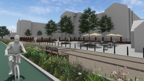 A computer generated image showing a person riding a bike in the foreground and behind, benches under parasols in a large open area alongside tall buildings
