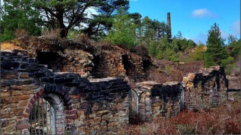 Ruined buildings and a large chimney stack at the Cornwall and West Devon Mining Landscape's Devon Great Consols mine in Gulworthy, near Tavistock.