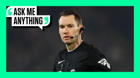 Referee Jarred Gillett looks on whilst wearing a 'RefCam' during the Premier League match between Crystal Palace and Manchester United at Selhurst Park on May 06, 2024 