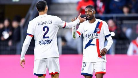 Ousmane Dembele celebrates scoring for PSG with Achraf Hakimi