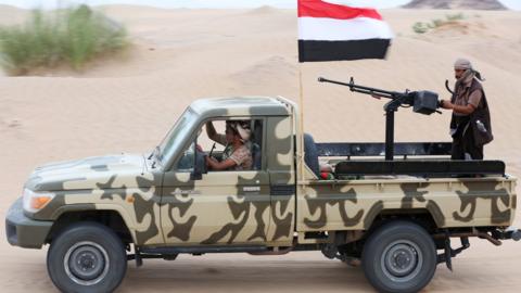 Yemeni pro-government forces during clashes in Ataq, Shabwa province (26 August 2019)