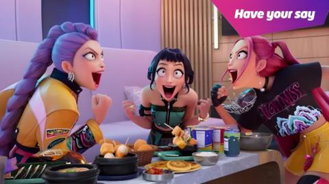 Rumi, Mira, and Zoey from the band Hunter/x share takeaway food in the film Kpop demon hunters 