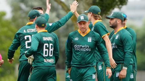 Guernsey celebrate taking a wicket against Italy
