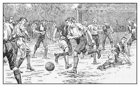 A victorian-era drawing of men playing football