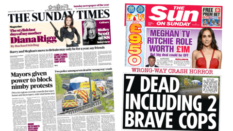 A composite image of the front pages of the Sunday Times and the Sun on Sunday. "Mayors given power to block nimby protests" reads the headline on the front page of the Sunday Times and "Meghan TV Ritchie role worth £1m but big deal could be off" reads a headline on the latter.