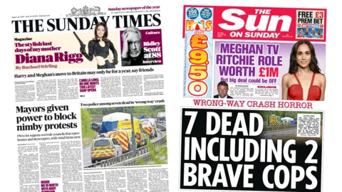 A composite image of the front pages of the Sunday Times and the Sun on Sunday. "Mayors given power to block nimby protests" reads the headline on the front page of the Sunday Times and "Meghan TV Ritchie role worth £1m but big deal could be off" reads a headline on the latter.