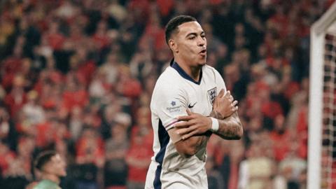 Morgan Rogers celebrates goal for England