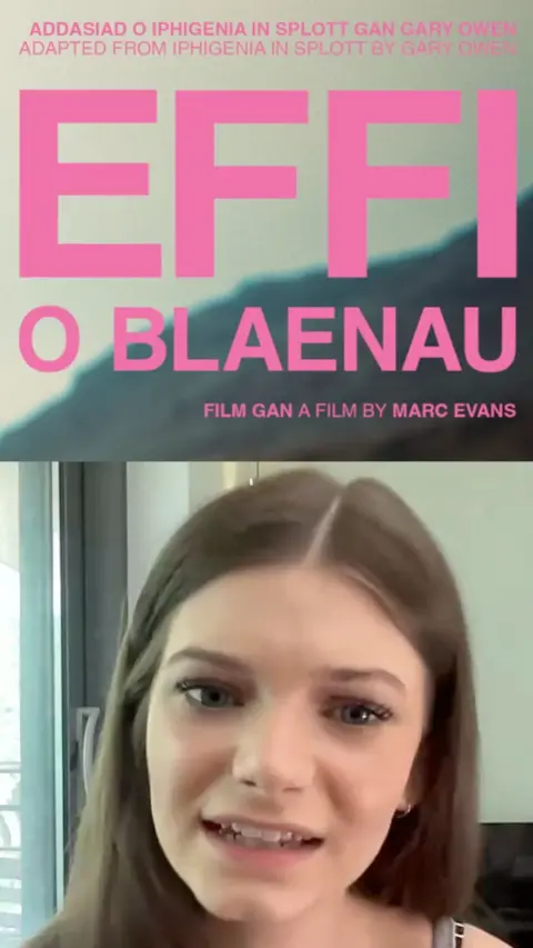 A composite image: on the top is a pic of the film Effi o Blaenau and on the bottom is a dark haired woman looking at the camera.