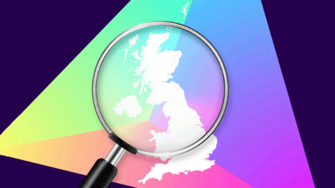 BBC general election 2024 graphic featuring a magnifying glass over a UK map