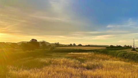 Sunrise at Berkeley with an orange sky across fields of grass and a sepia tone across the image. 