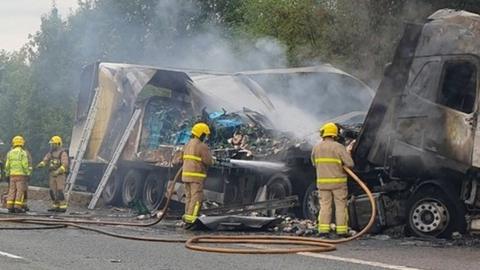 Burned lorry on the M6