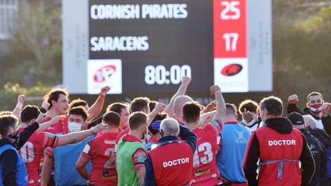 Cornish Pirates celebrate their win over Saracens