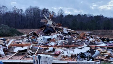 Damage left by a tornado in Bossier Parish, Louisiana