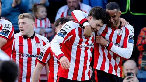 James Clarke celebrates after scoring for Derry City