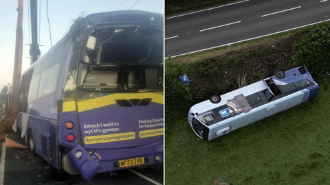 A purple bus, on the left upright and on the right on its side