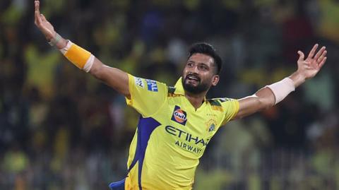 Khaleel Ahmed celebrates taking a wicket for Chennai Super Kings