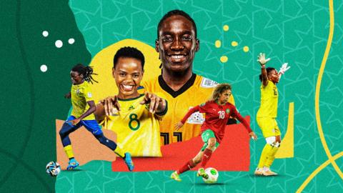 A composite design showing five African female footballers in different poses