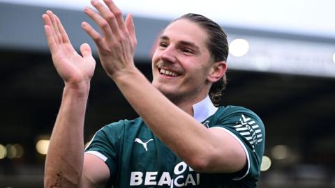 Lorent Tolaj celebrates scoring for Plymouth Argyle