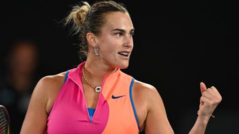 Aryna Sabalenka celebrates victory