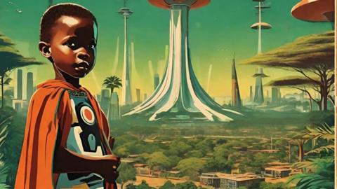 A stylised futuristic imagining of Nairobi with a child in the foreground wearing an orange cape and towers resembling trees in the background.