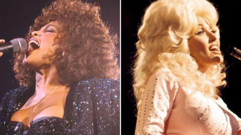 Split image of Whitney Houston and Dolly Parton.