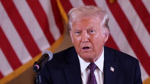 A headshot of Donald Trump as he speaks at a meeting at Mar-a-Lago on 9 January