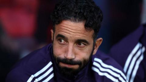Ruben Amorim in the dugout for Manchester United's League Cup match against Grimsby