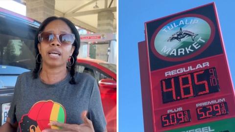 A woman on the left speaks to a camera, on the right a petrol price sign.