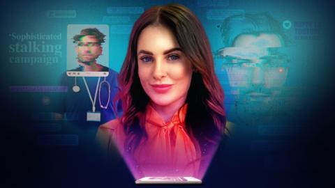 A woman with brown hair and a red shirt stands in front of digitally manipulated images of doctors wearing scrubs and a stethoscope
