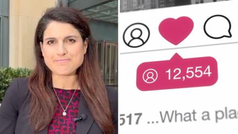 A split screen of a woman with brown hair on the left and a screenshot of an Instagram like count on the right.